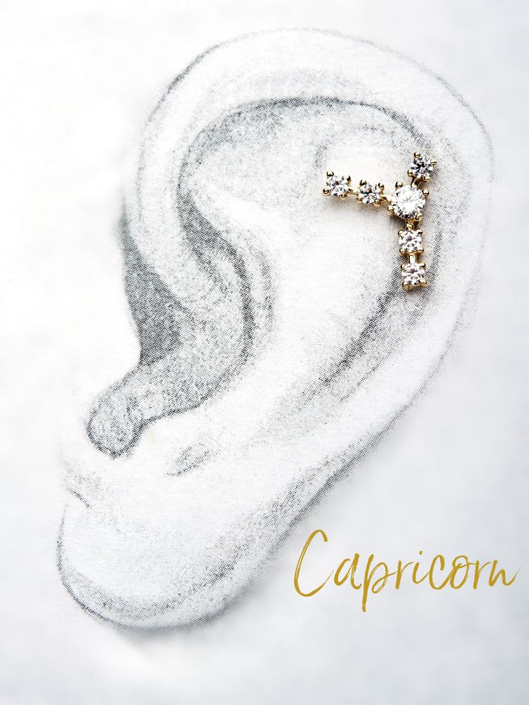14kt Yellow Gold Capricorn Constellation Threadless Top with 4mm Center Clear CZ Gem and Five 3mm Clear CZ Side Gems