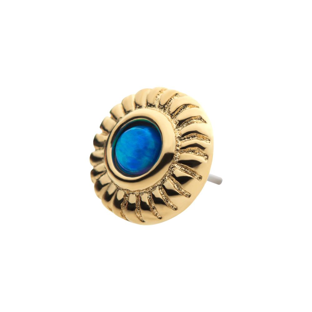 14Kt Yellow Gold Threadless with Bezel Set Synthetic Opal Fine Line Scalloped Edge Top