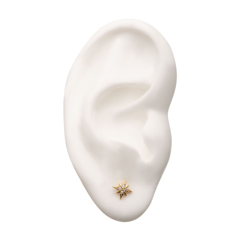 14Kt Yellow Gold Threadless with 4-Clear Gem 8-Point Star Top
