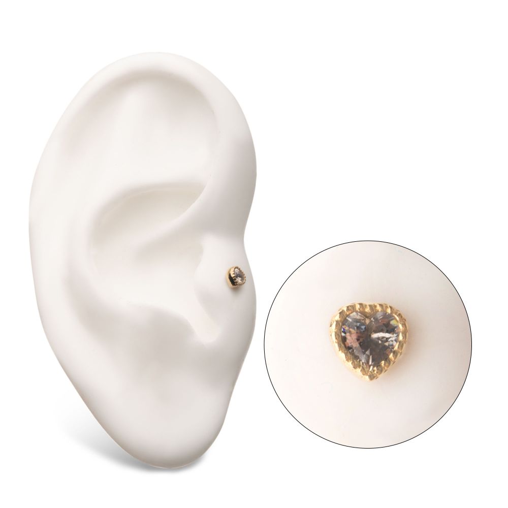 14Kt Yellow Gold Threadless with Clear Gem and Beads Heart Top