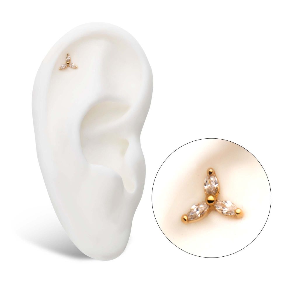 14Kt Yellow Gold Threadless Pronged Marquise CZ Trinity Top