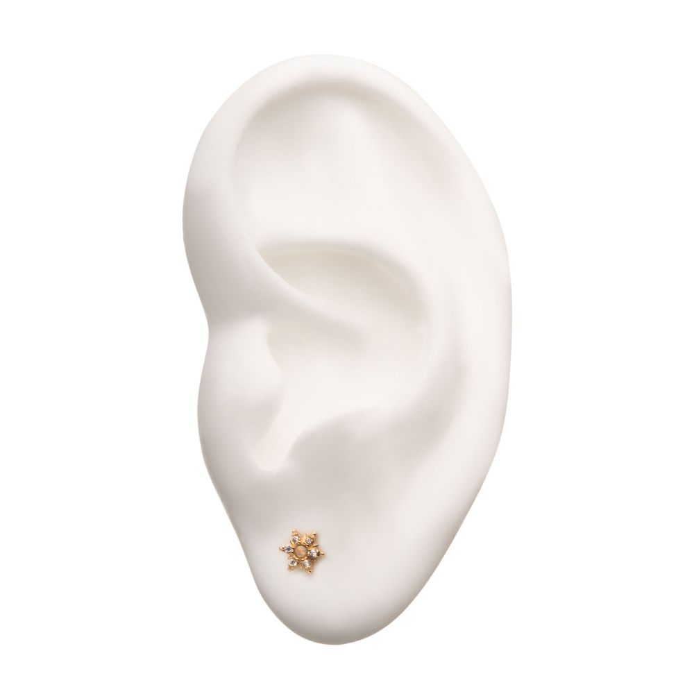 14Kt Yellow Gold Threadless with Clear CZ and White Synthetic Opal 6-Point Star Top