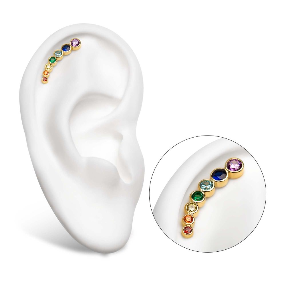 14Kt Yellow Gold Threadless with Bezel Set Rainbow CZ 7-Cluster Top (Right Ear)