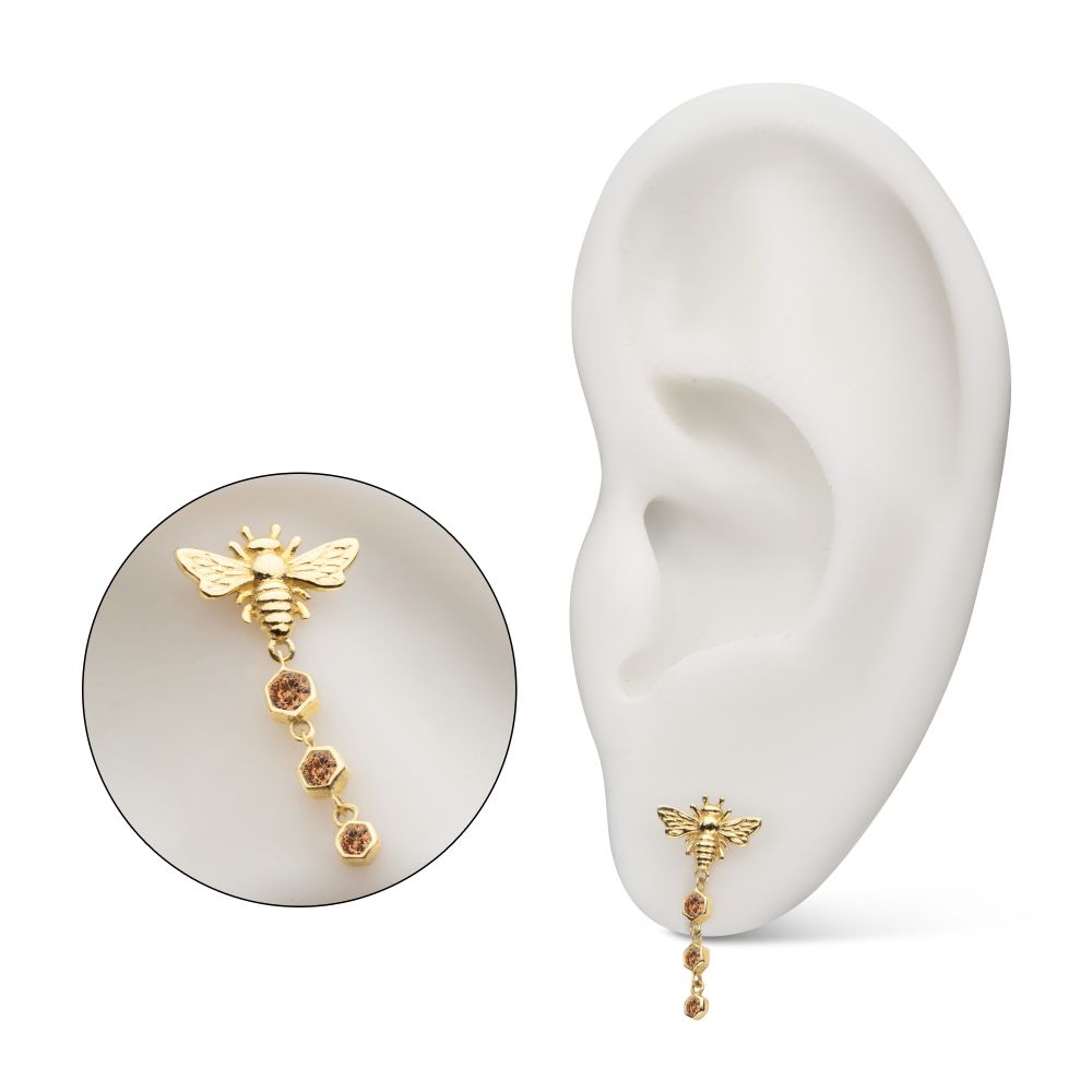 14Kt Yellow Gold Threadless Bee Top with Triple Bezel Set Hexagon Gem Dangle