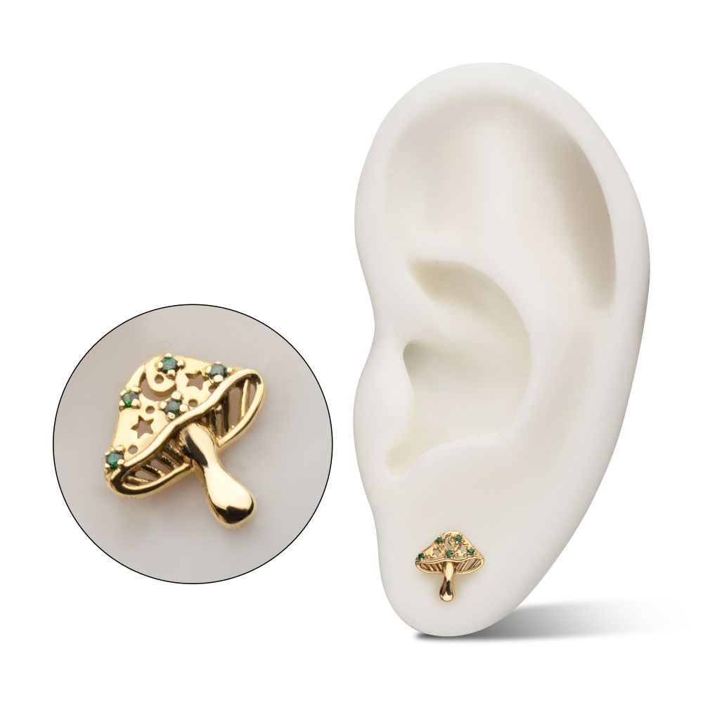 14Kt Yellow Gold Threadless Prong Set Emerald Gem Mystic Mushroom Top