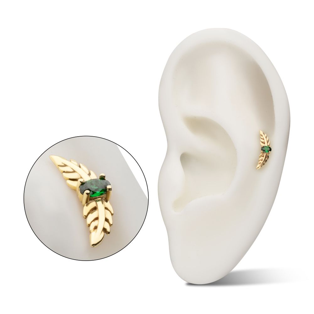 14Kt Yellow Gold Threadless Prong Set Emerald Gem Two Sculpted Leaves Top