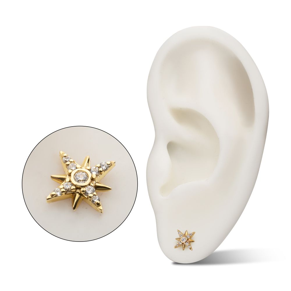 14Kt Yellow Gold Threadless Paved Gem Starburst Top