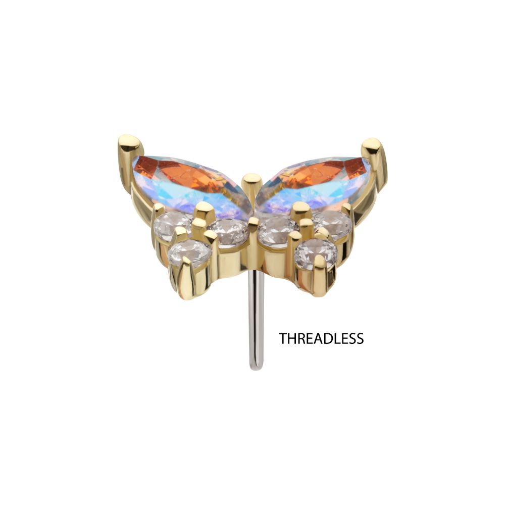 14Kt Gold Threadless Butterfly with Prong Set Double Marquise & Triple Round Gem Top