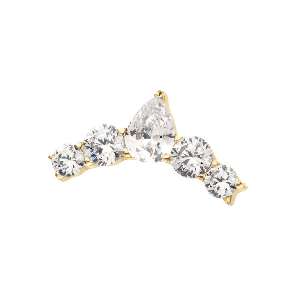 14Kt Yellow Threadless Curved Bar Top with 5-Cluster Round & Teardrop Gem