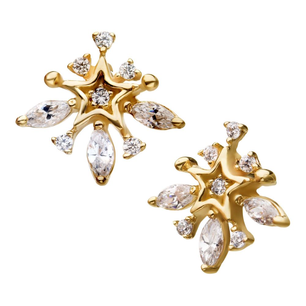 14kt Yellow Gold Threadless Starburst Design with 3 3mm Marquis Shape CZ's Top