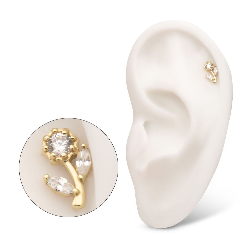 14Kt Gold Threadless Rose Flower & Stem Top with Prong Set Rond & Marquise Gem