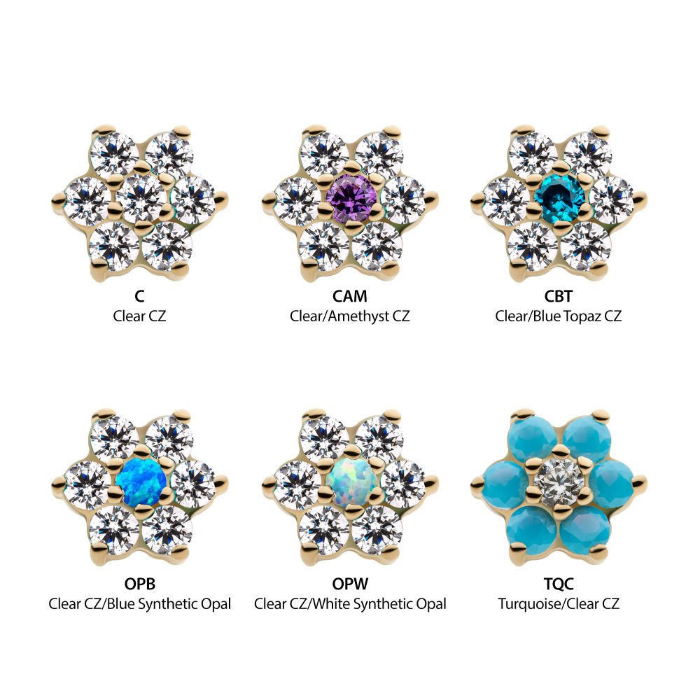 14Kt Yellow Gold Threadless with 6 Prong Set Clear CZ and Centerpiece CZ/Synthetic Opal Flower Top