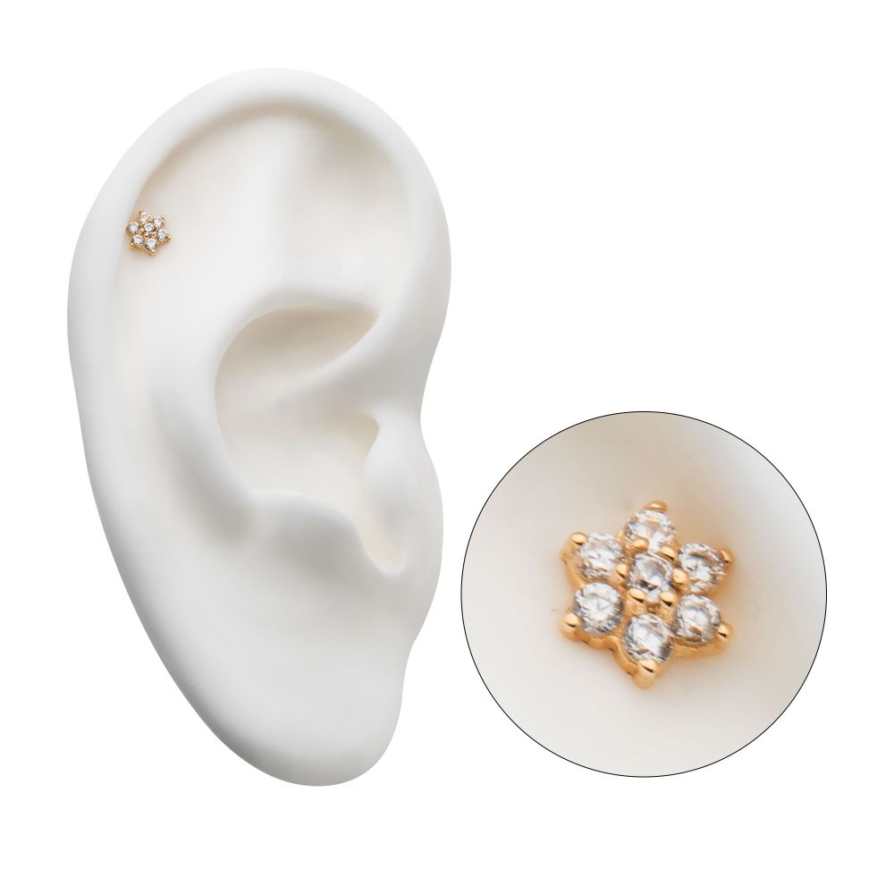 14Kt Yellow Gold Threadless with 6 Prong Set Clear CZ and Centerpiece CZ/Synthetic Opal Flower Top