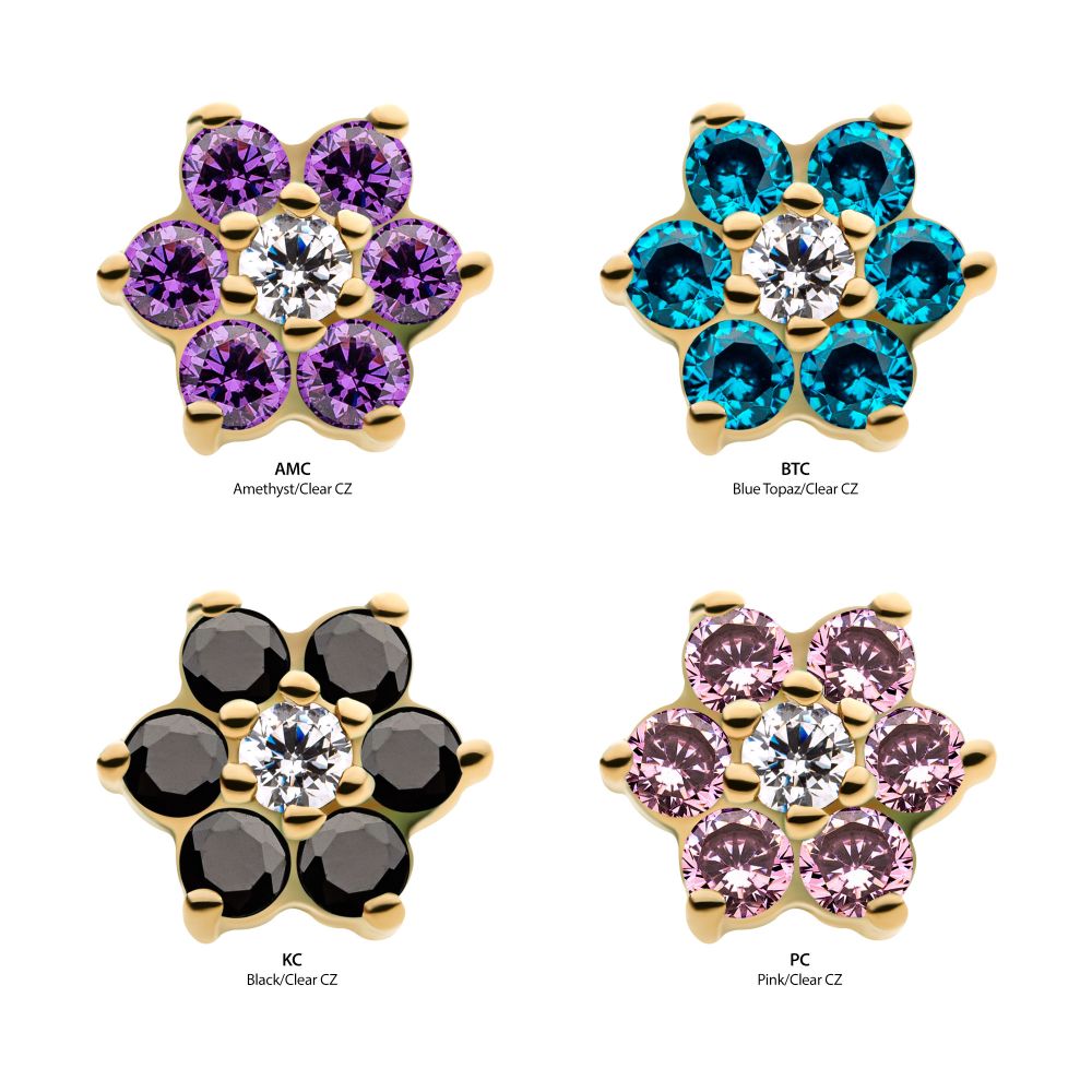 14Kt Yellow Gold Threadless with 6 Prong Set CZ and Centerpiece Clear CZ Flower Top