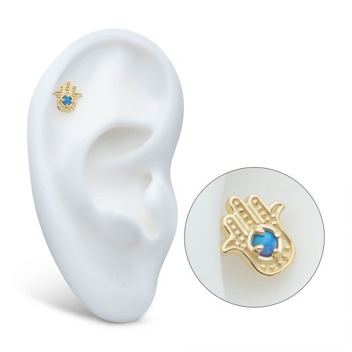 STERILIZED 14Kt Gold Threadless Blue Opal Hamsa Top