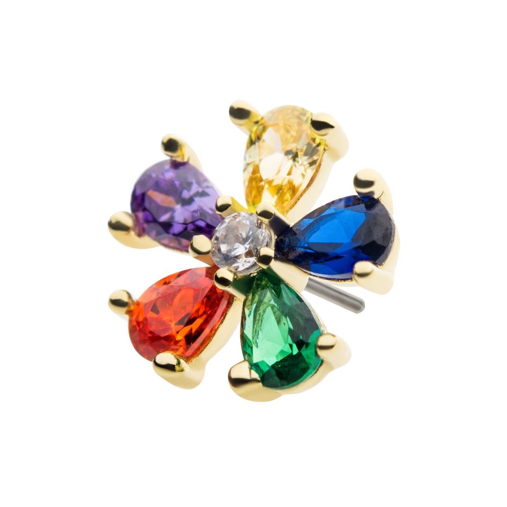 14Kt Yellow Gold Threadless with Prong Set 5 Rainbow CZ Flower Top