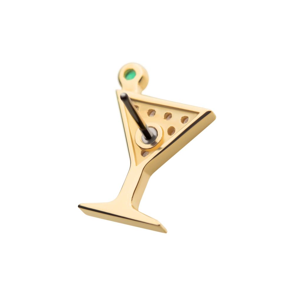 14Kt Yellow Gold Threadless with Pave Set Round Clear CZ and Olive Green CZ Martini Top