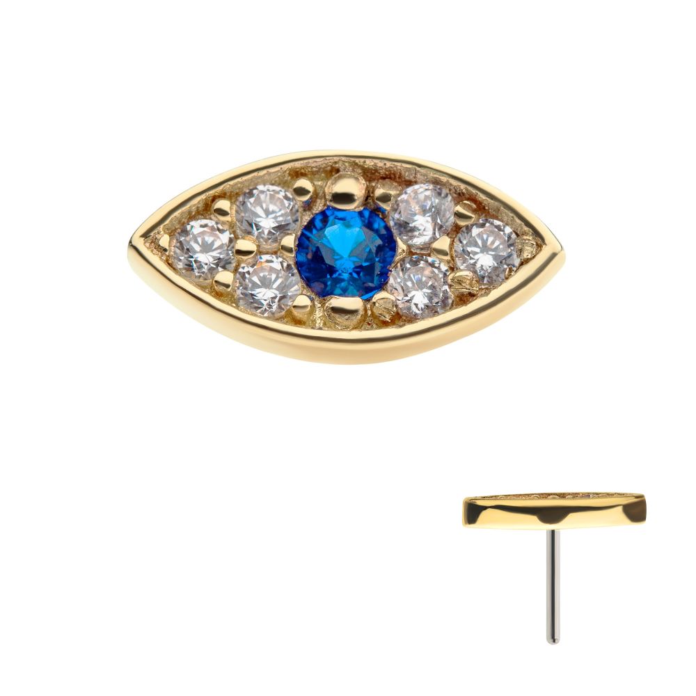 14Kt Yellow Gold Threadless Pave Set Round Blue Sapphire & Clear Gem Evil Eye Top