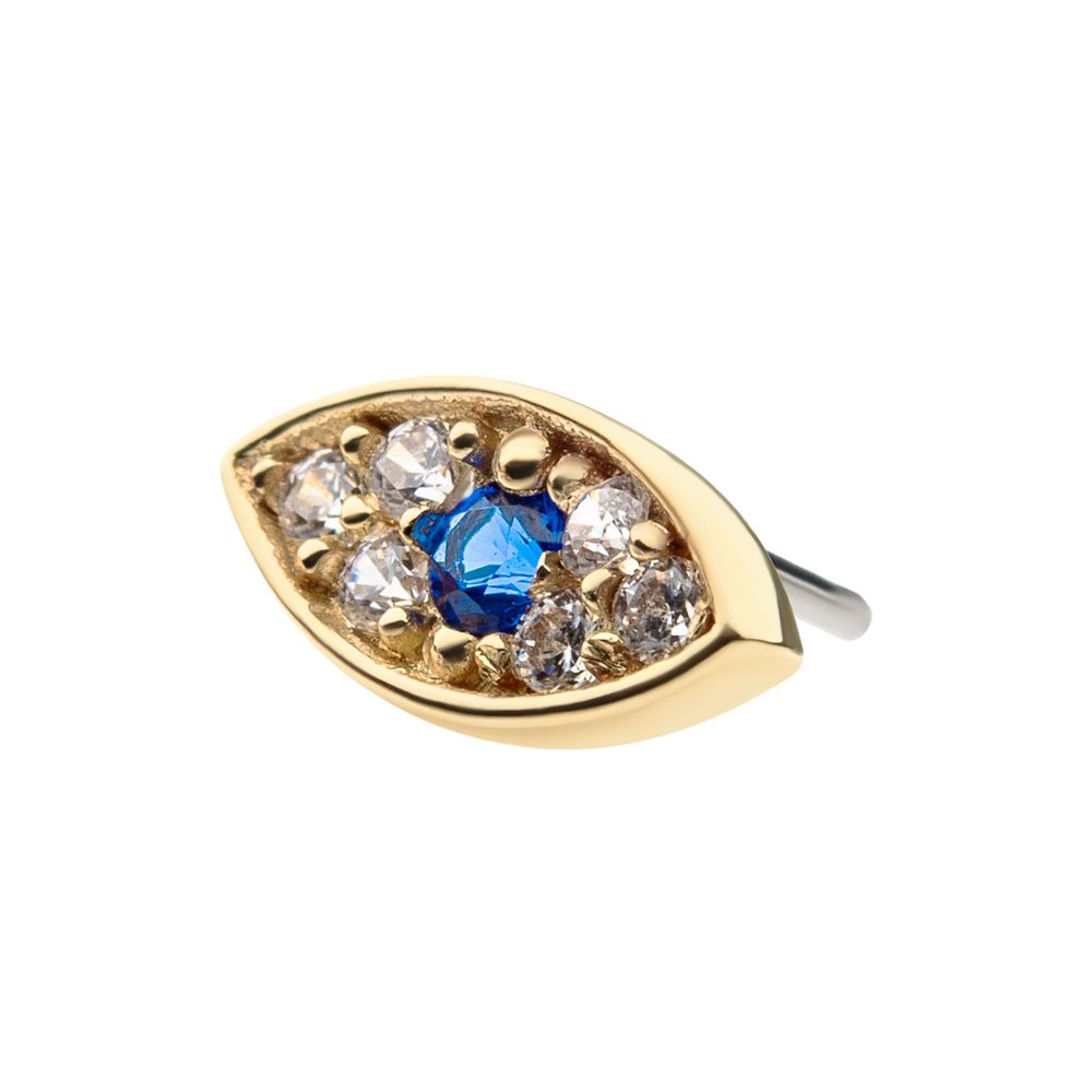 14Kt Yellow Gold Threadless Pave Set Round Blue Sapphire & Clear Gem Evil Eye Top