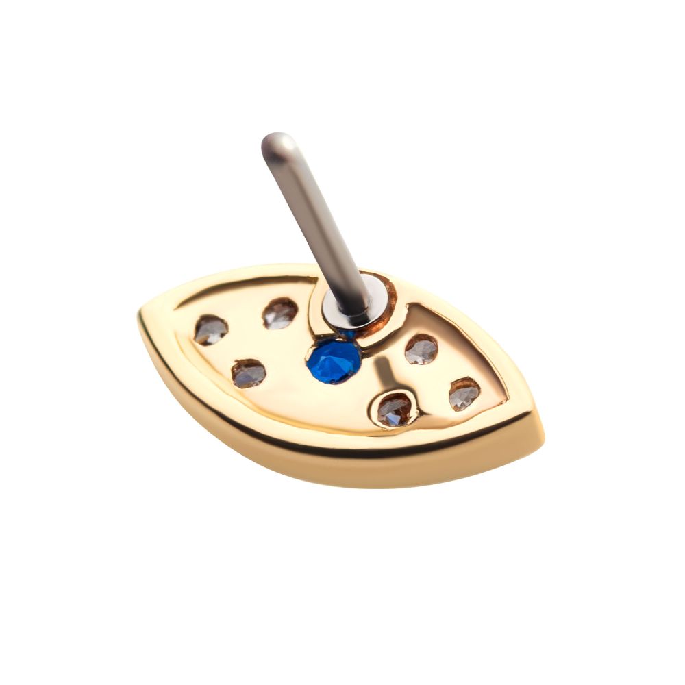 14Kt Yellow Gold Threadless Pave Set Round Blue Sapphire & Clear Gem Evil Eye Top