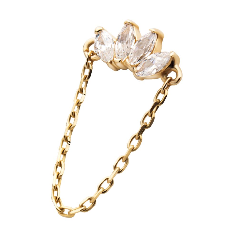 14Kt Yellow Gold Threadless Prong Set 4 Clear CZ Marquise Top with Dangling Chain