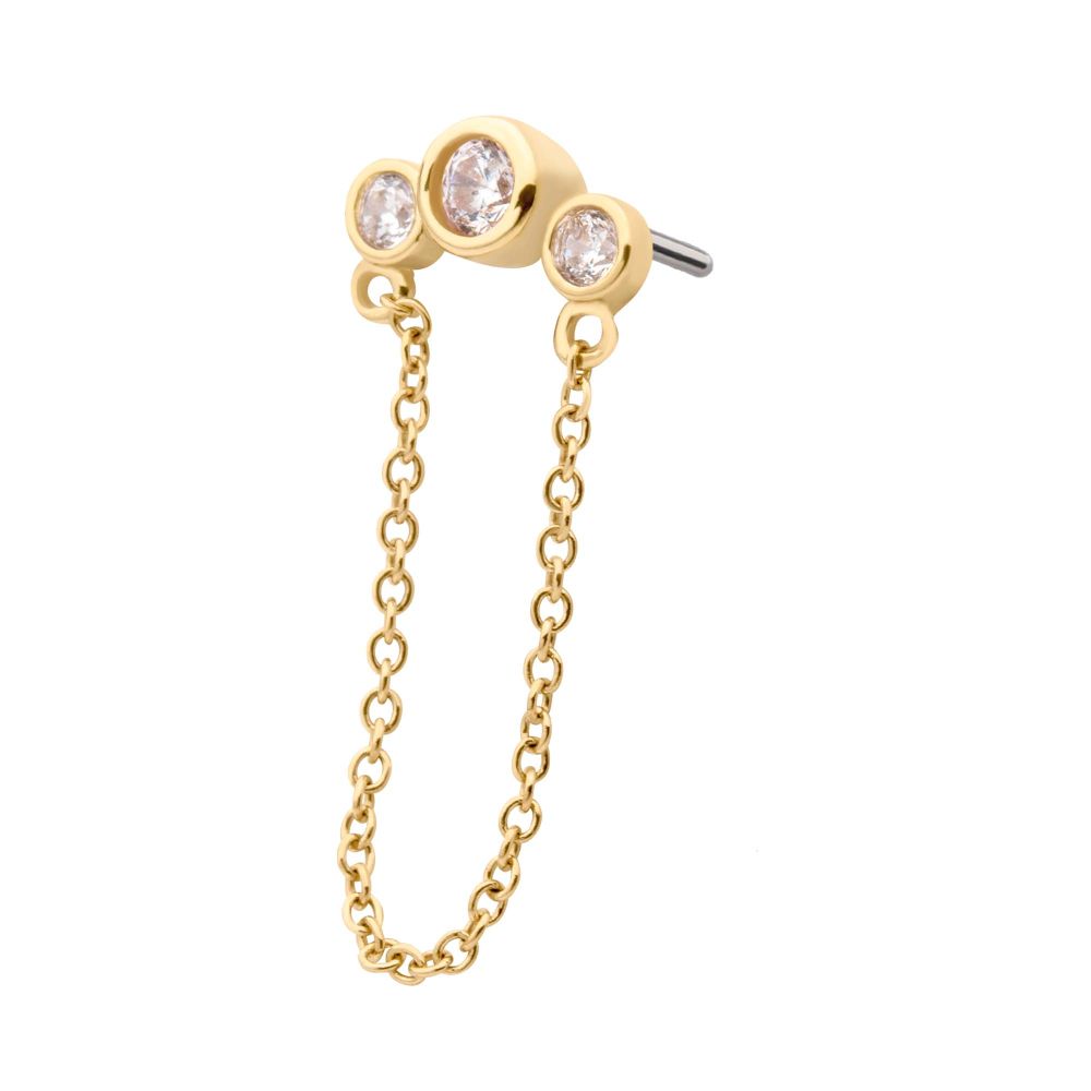 14Kt Yellow Gold Threadless with Bezel Set CZ 3-Cluster Top with Dangling Chain