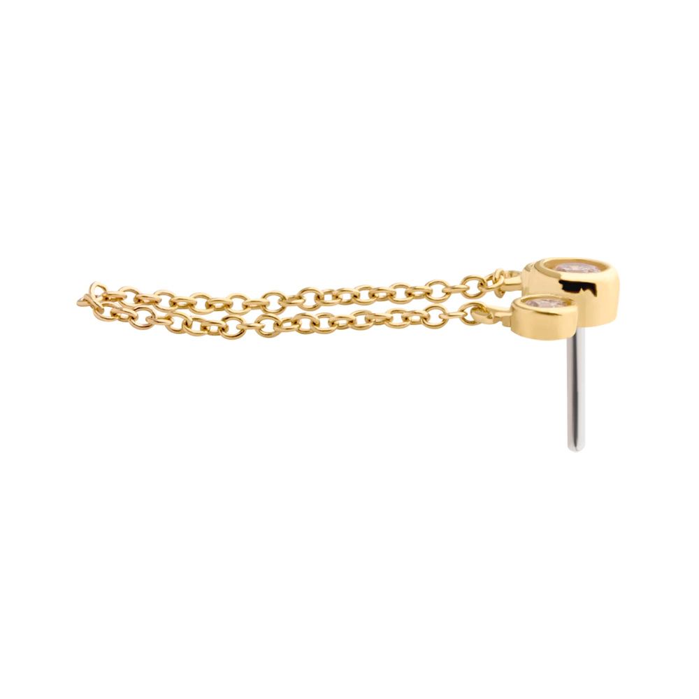 14Kt Yellow Gold Threadless with Bezel Set CZ 3-Cluster Top with Dangling Chain