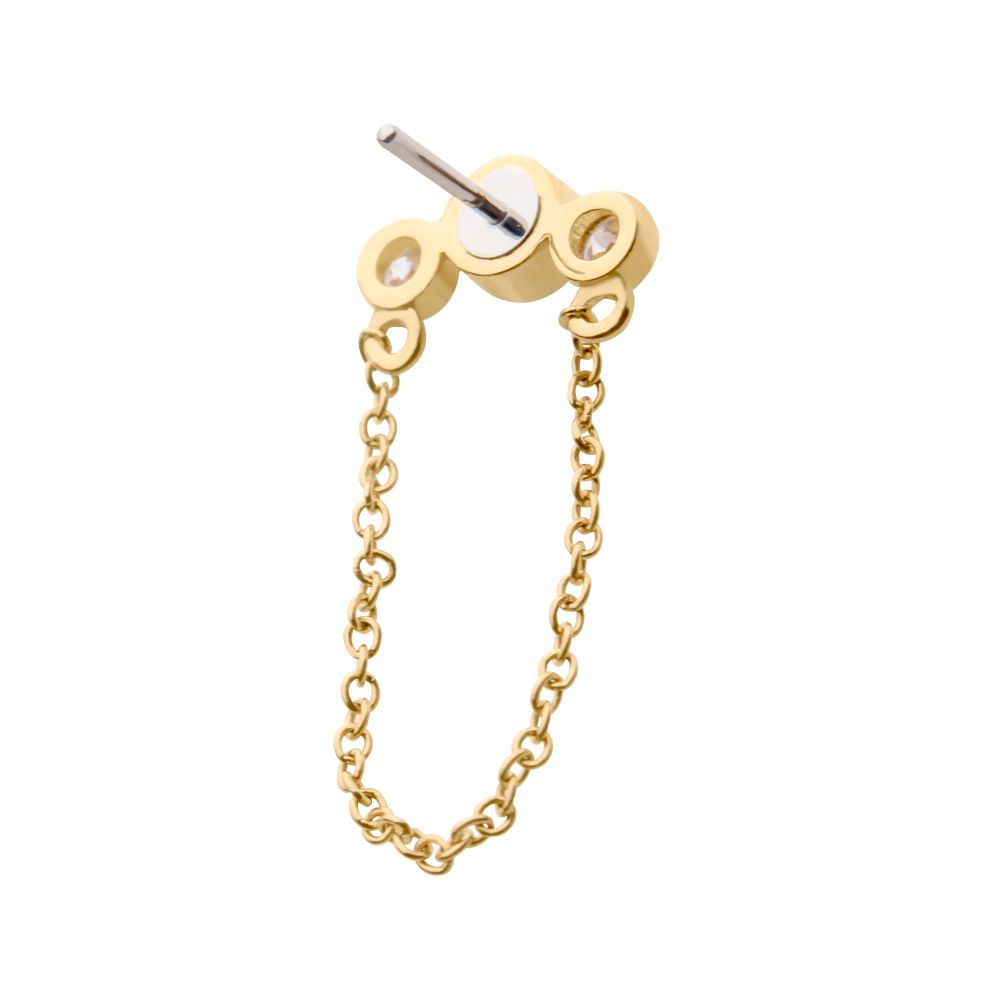 14Kt Yellow Gold Threadless with Bezel Set CZ 3-Cluster Top with Dangling Chain