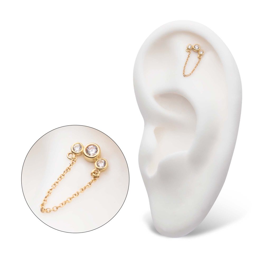 14Kt Yellow Gold Threadless with Bezel Set CZ 3-Cluster Top with Dangling Chain