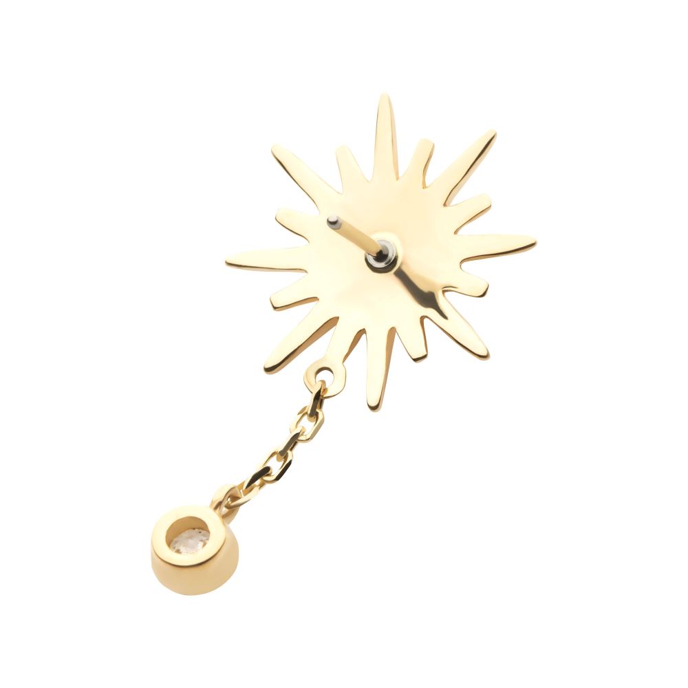 14Kt Gold Threadless Double Prong Set CZ Sunburst with Dangle Chain Top