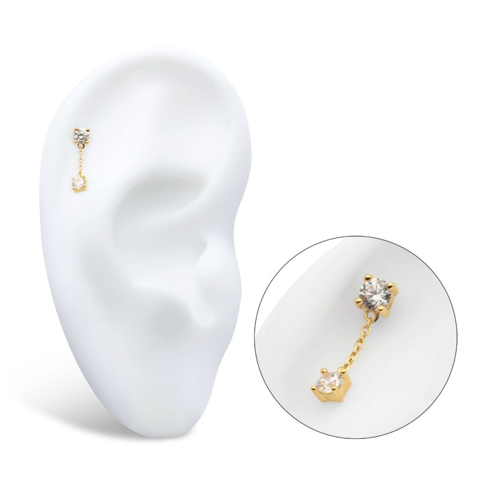 14Kt Gold Threadless Double Prong Set Round CZ with Dangle Chain Top