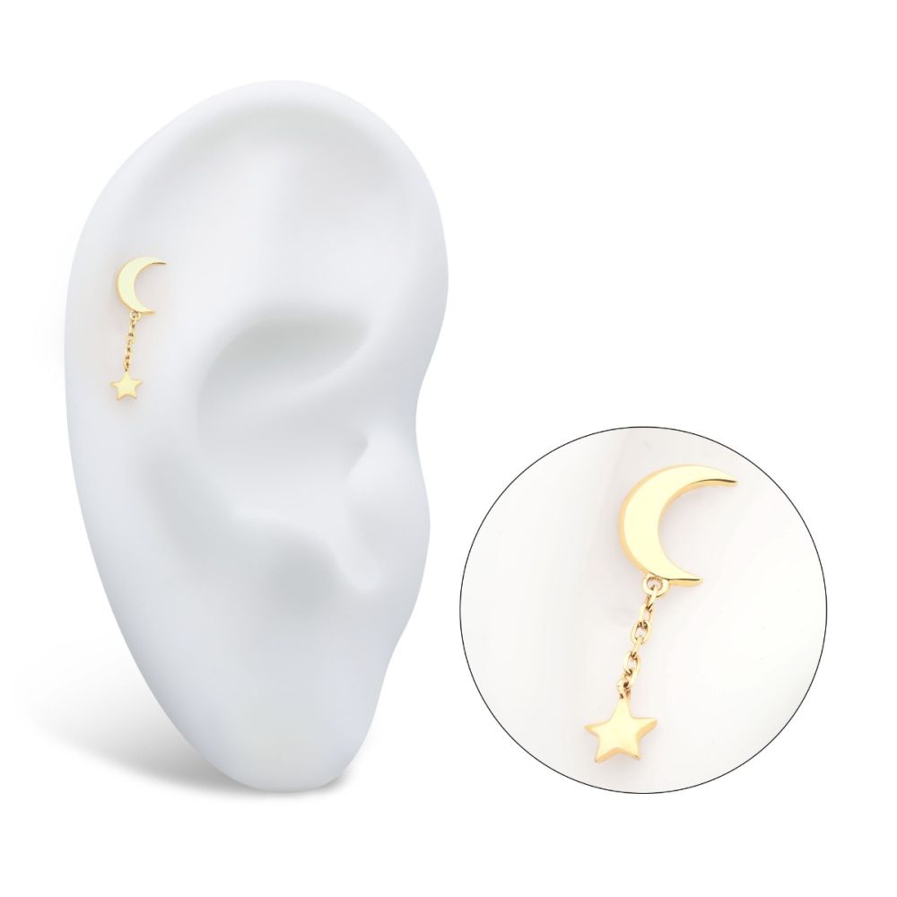 14Kt Gold Threadless Crescent Moon with Dangle Chain & Star Top