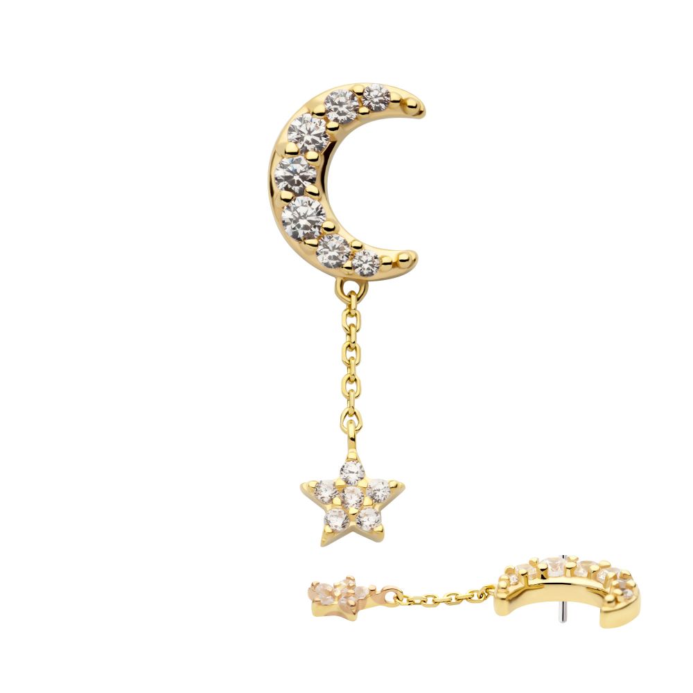 14Kt Gold Threadless Pave Set CZ Crescent Moon Top with Pave Set CZ Star Dangle Chain