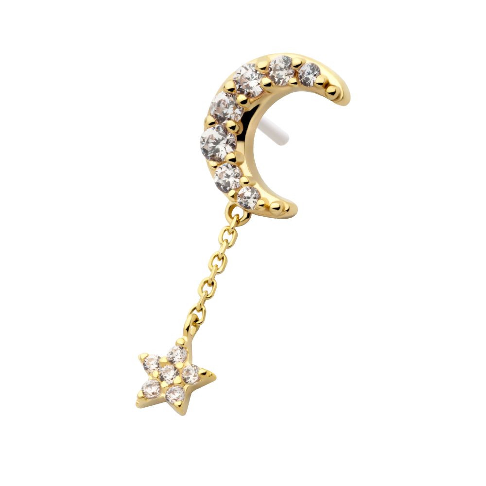 14Kt Gold Threadless Pave Set CZ Crescent Moon Top with Pave Set CZ Star Dangle Chain