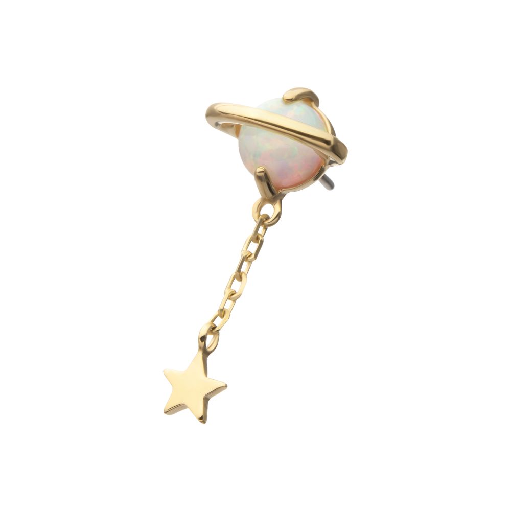 14Kt Yellow Gold Threadless Opal Planet Top with Chain Star Dangle