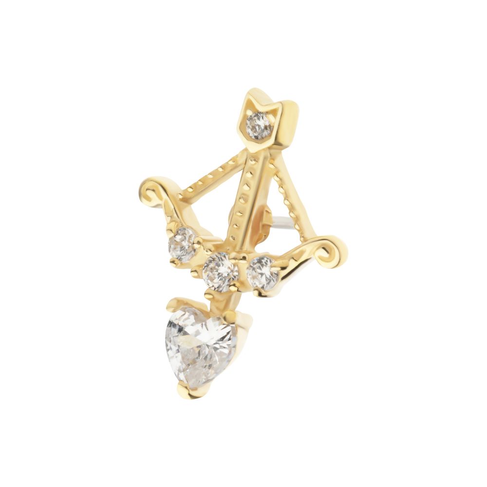 14Kt Yellow Gold Threadless Cupid's Bow & Arrow Top with Prong Set Round & Heart Clear CZ