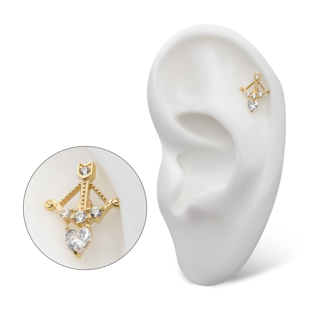 14Kt Yellow Gold Threadless Cupid's Bow & Arrow Top with Prong Set Round & Heart Clear CZ