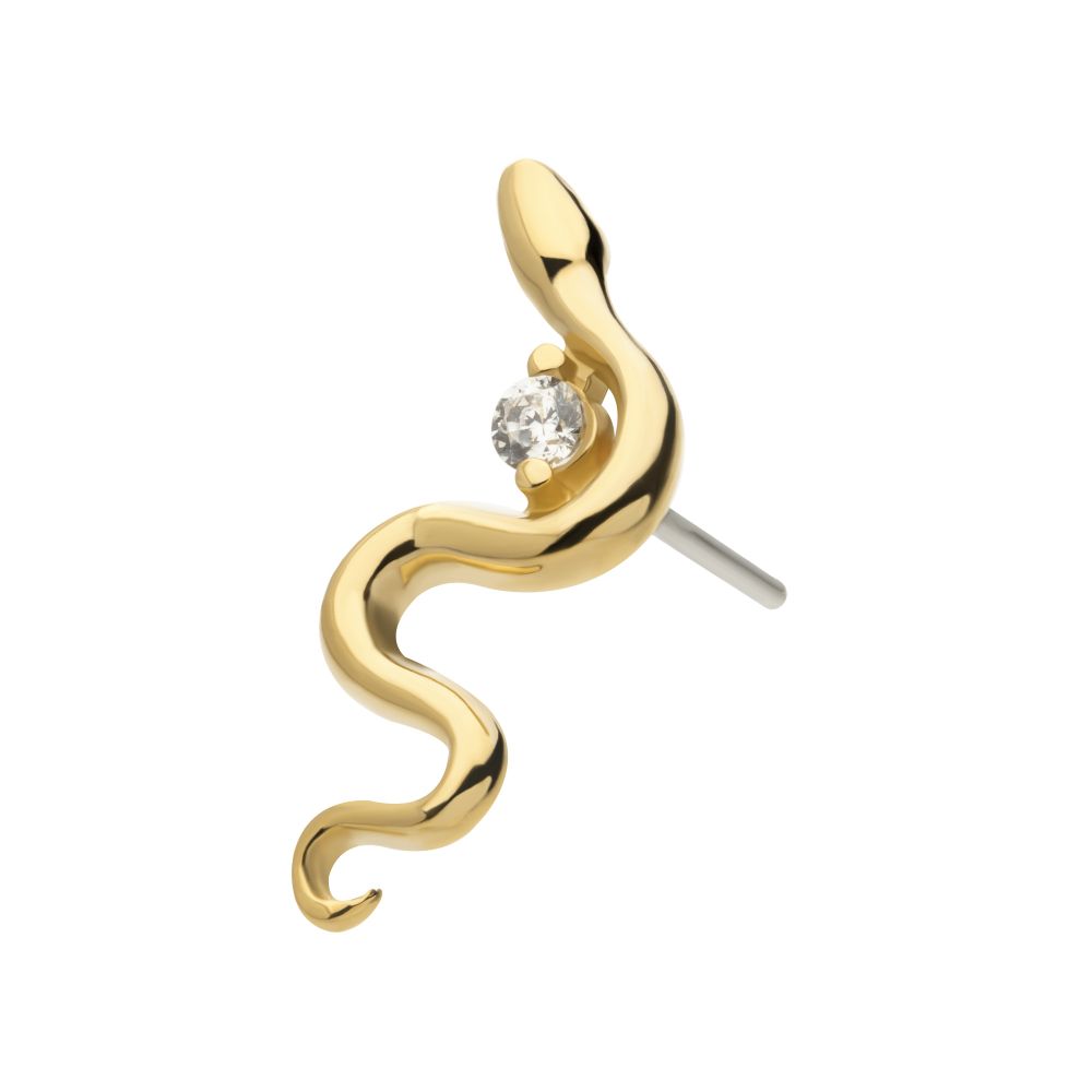 14Kt Yellow Gold Threadless Snake Top with 2 Prong Clear CZ