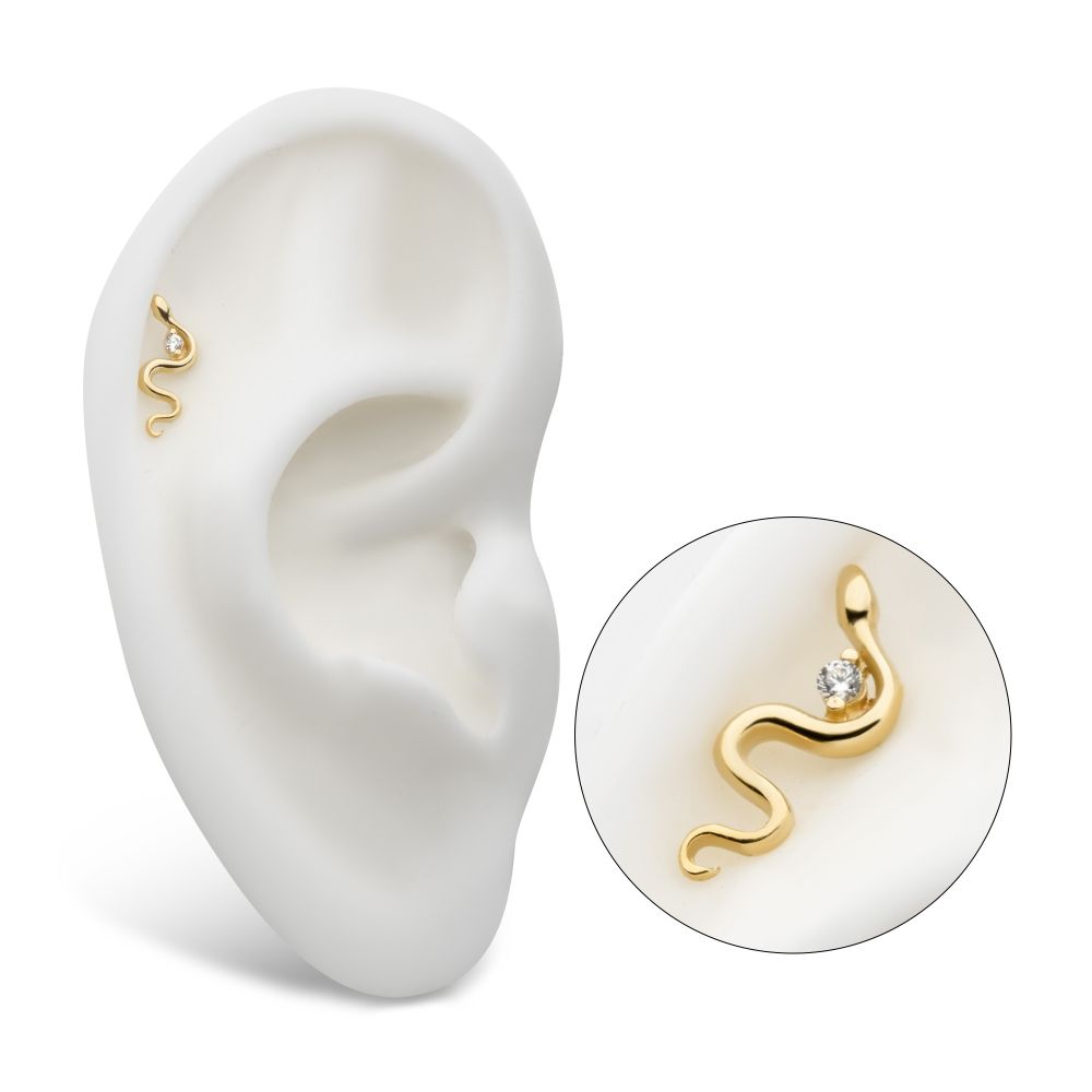 14Kt Yellow Gold Threadless Snake Top with 2 Prong Clear CZ