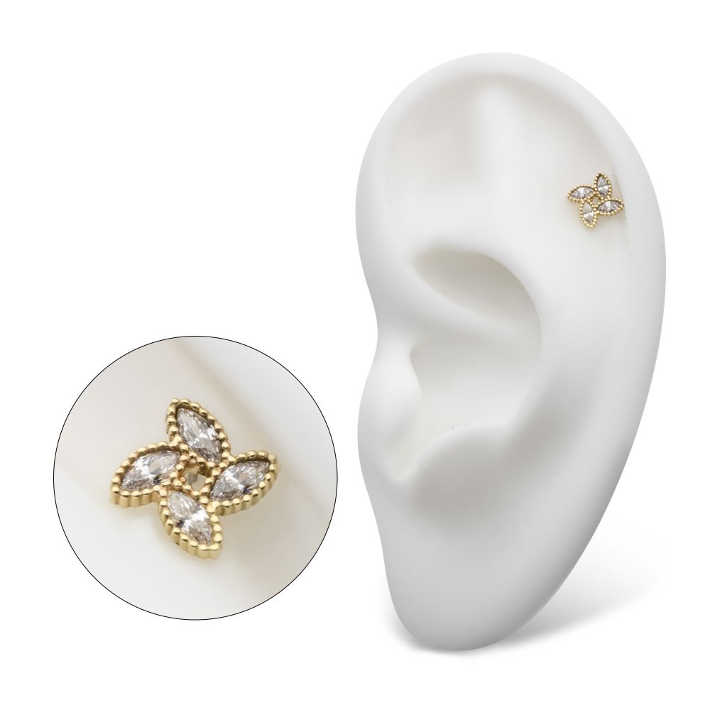14Kt Yellow Gold Threadless Flower Top with 4 Marquise Clear CZ