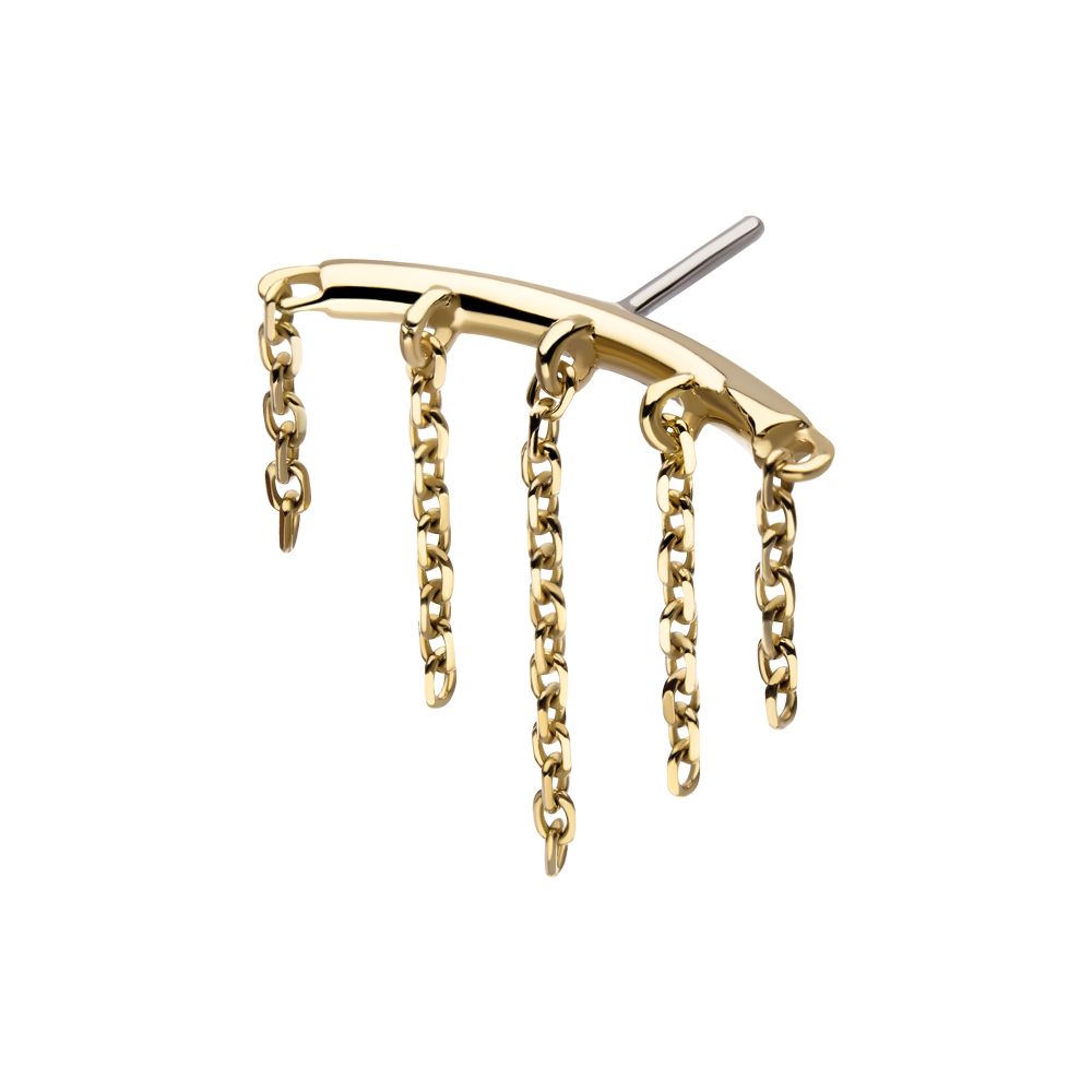 14Kt Yellow Gold Threadless Hidden Helix Curved Bar Top with 5-Chain Dangle