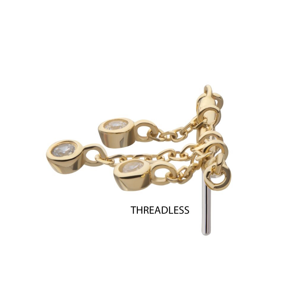 14Kt Yellow Gold Threadless Hidden Helix Curved Bar Top with 5-Chain & Bezel Set Gem Dangle
