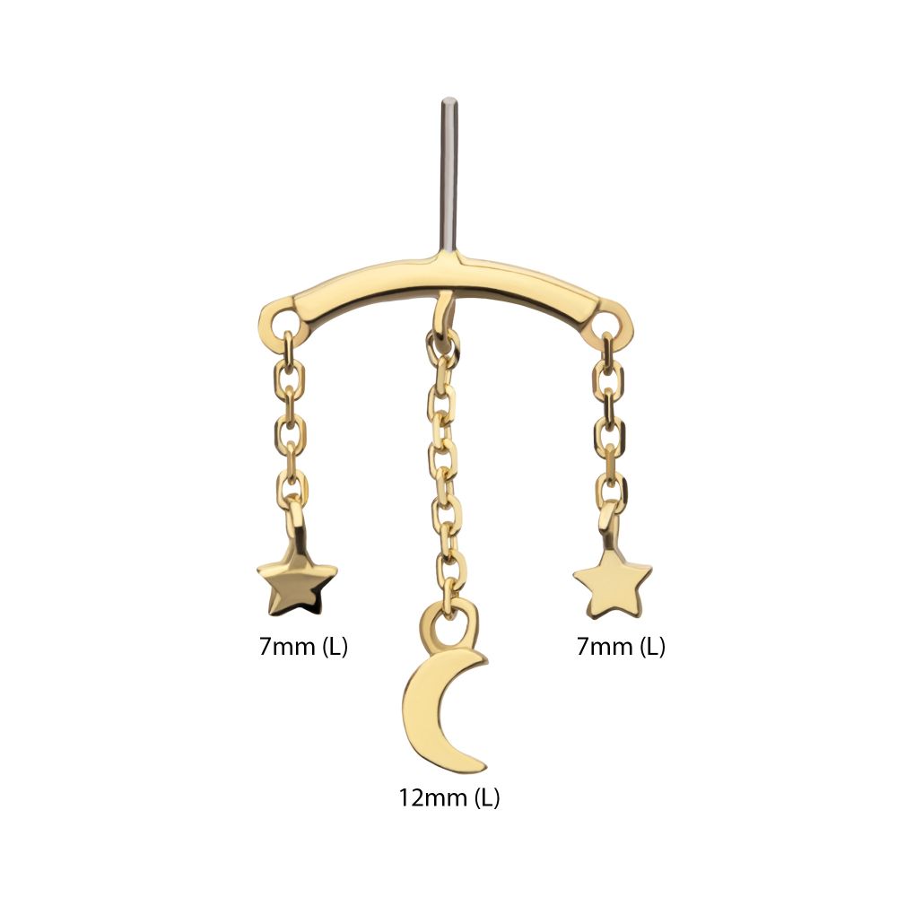 14Kt Yellow Gold Threadless Hidden Helix Curved Bar Top with Crescent Moon and Stars Chain Dangle