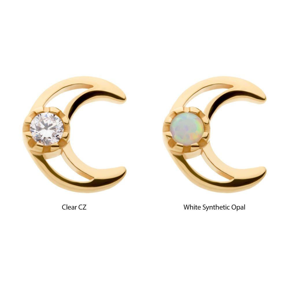 14Kt Yellow Gold Threadless with CZ/Opal Crescent Moon Top