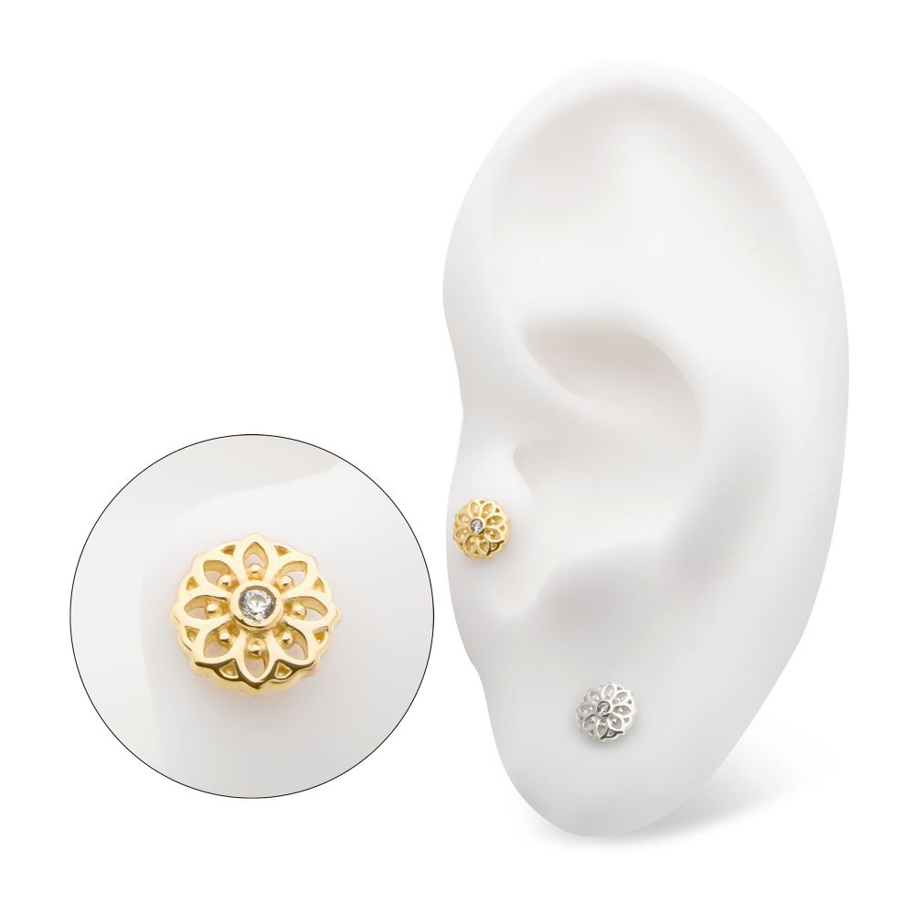 14Kt Gold Threadless Mandala Flower Top with Bezel Gem