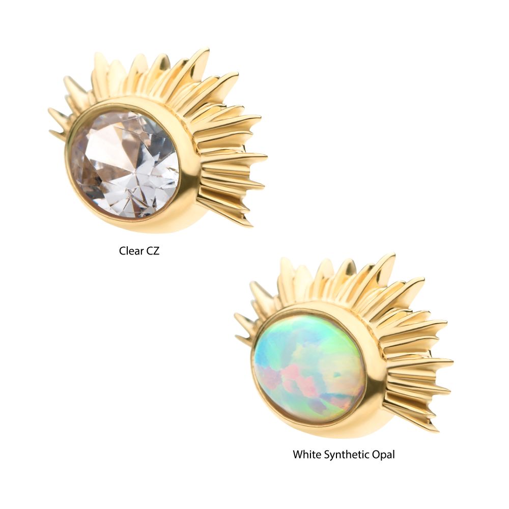 14Kt Yellow Gold Threadless with Bezel Set Oval Clear CZ/White Synthetic Opal Starburst Top