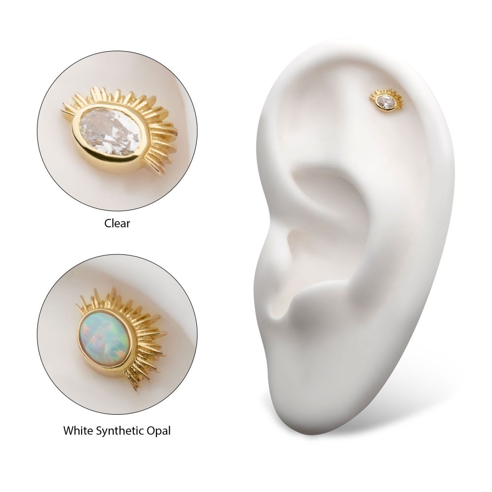 14Kt Yellow Gold Threadless with Bezel Set Oval Clear CZ/White Synthetic Opal Starburst Top