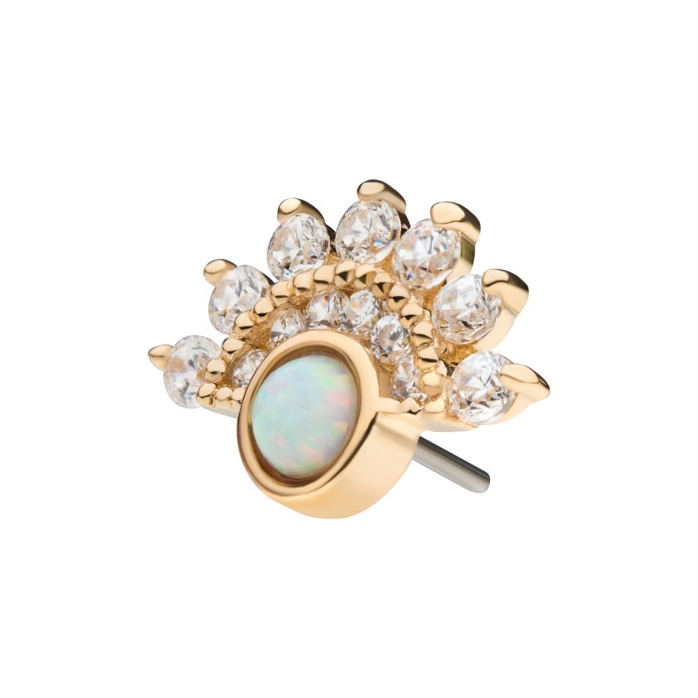 14Kt Yellow Gold Threadless with Bezel Set White Synthetic Opal & Prong Set Clear CZ Fan Cluster Top