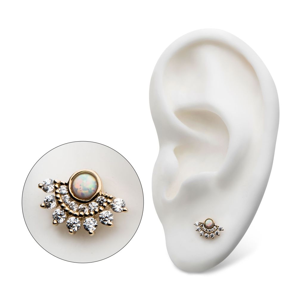 14Kt Yellow Gold Threadless with Bezel Set White Synthetic Opal & Prong Set Clear CZ Fan Cluster Top