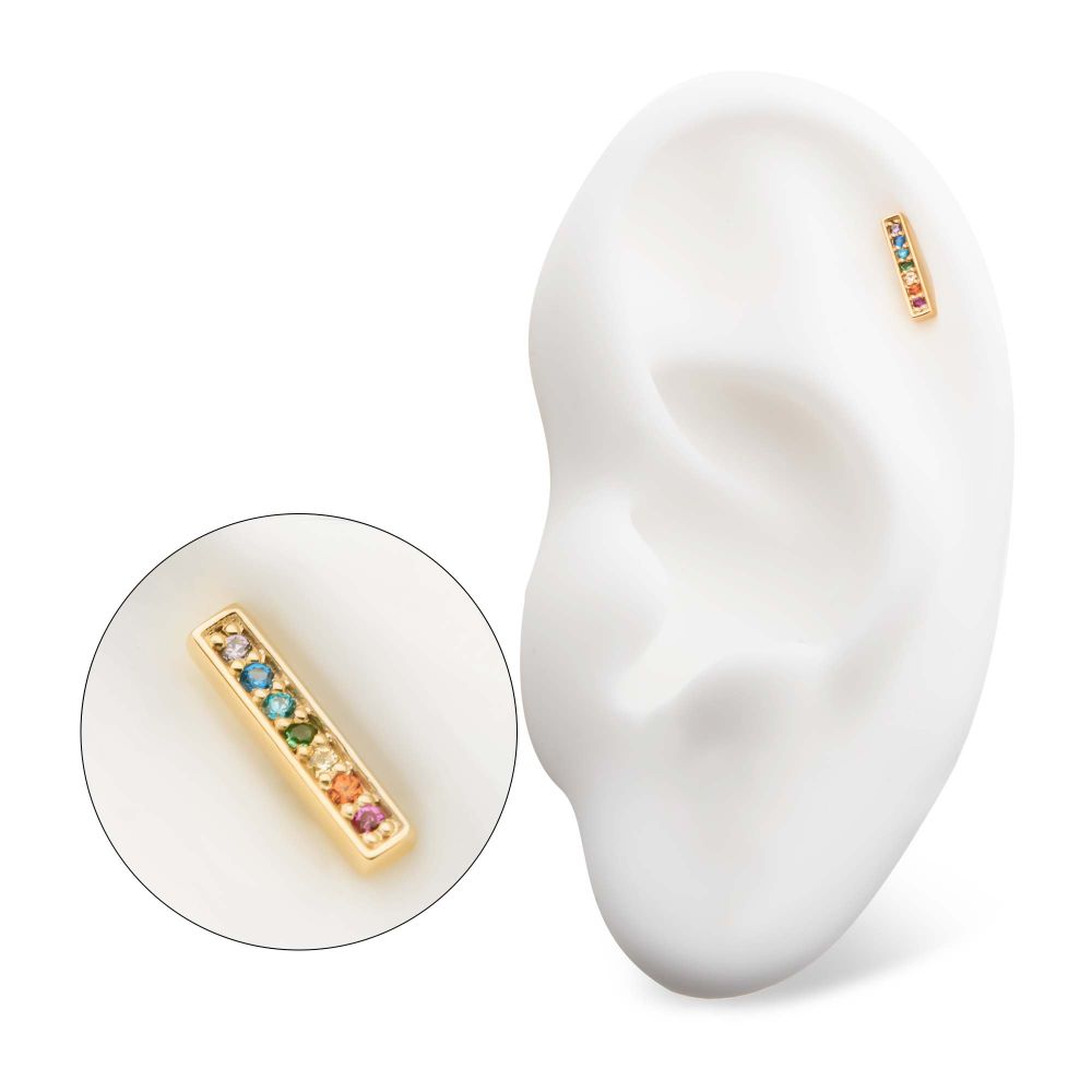 14Kt-Yellow Gold Threadless with Prong Set Rainbow CZ 7-Cluster Bar Top